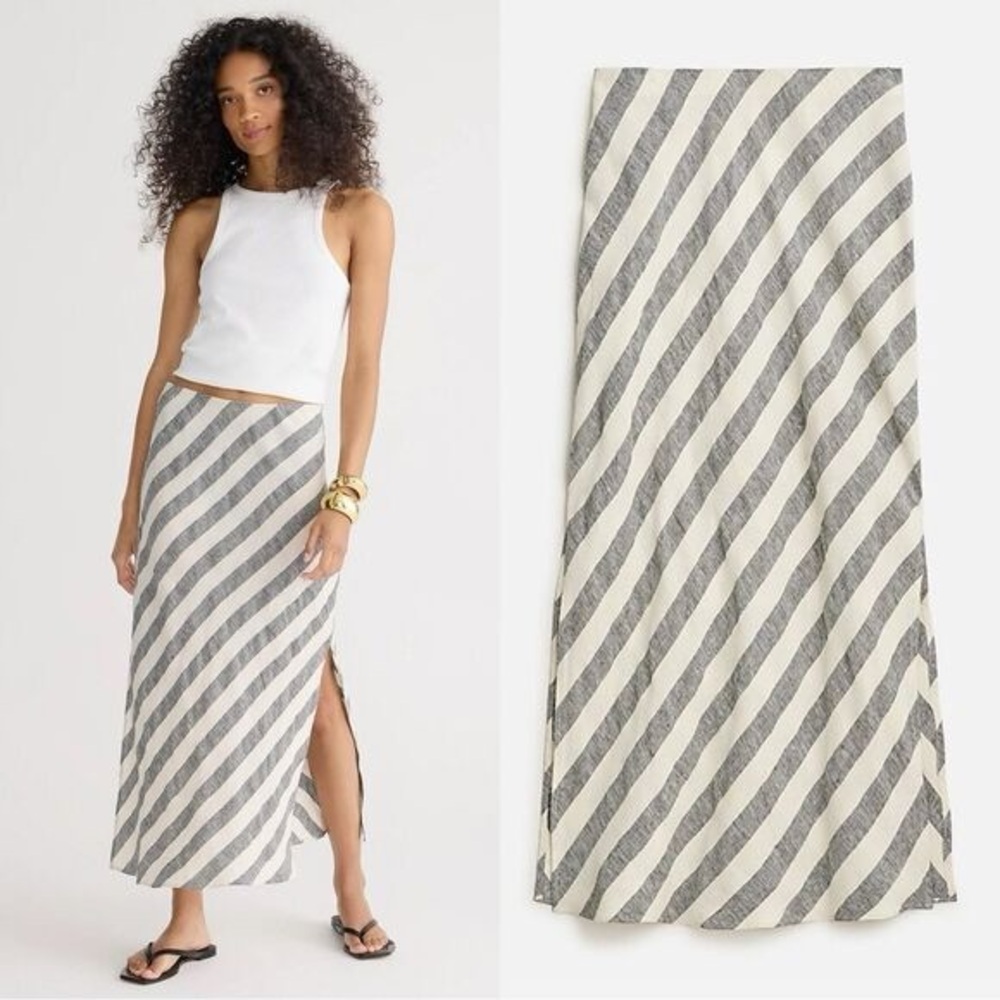 NEW J. Crew Linen Blend Striped Slip Skirt Elastic Waist MIDI Length *73